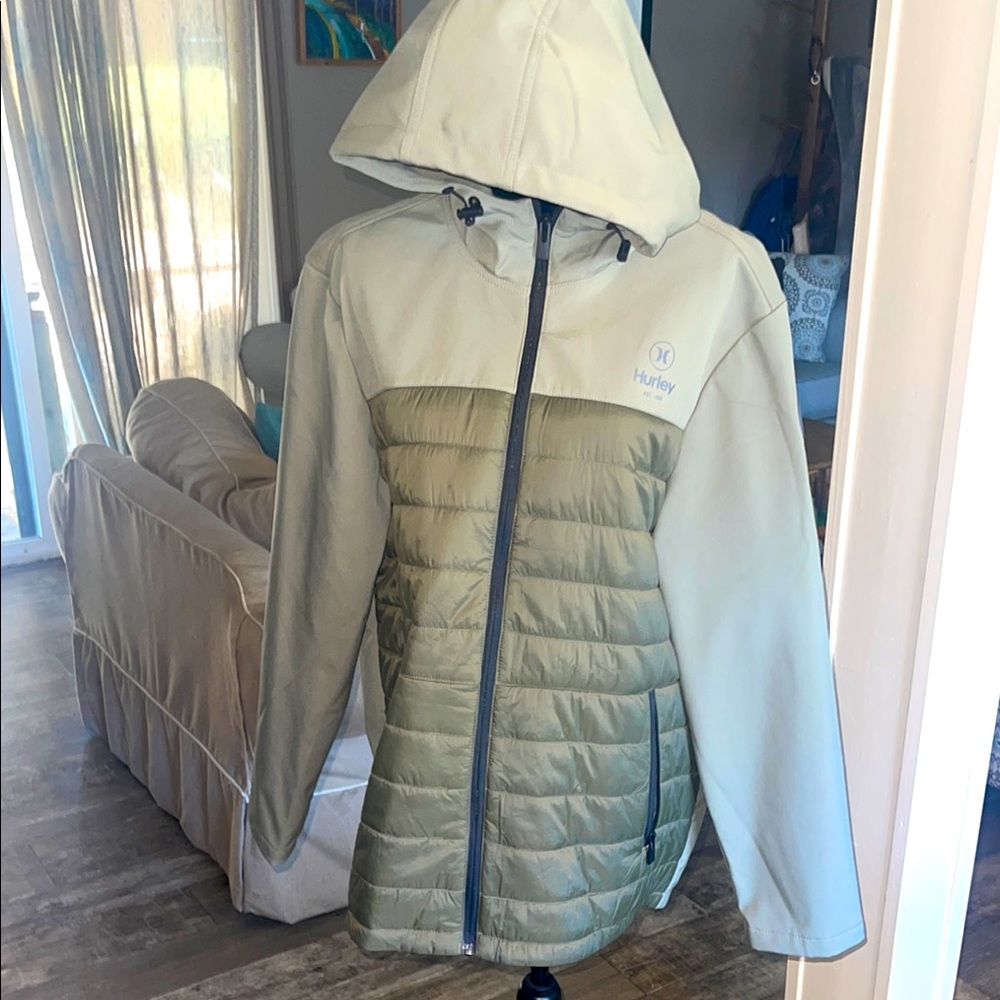 Men’s Hurley fleece lined lightweight puffer hooded coat jacket olive greenish